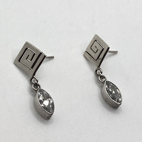 Vtg Sterling Silver Geometric Square Spiral Marquis Cz Dangle Stud Earrings 1.1” - Picture 1 of 9